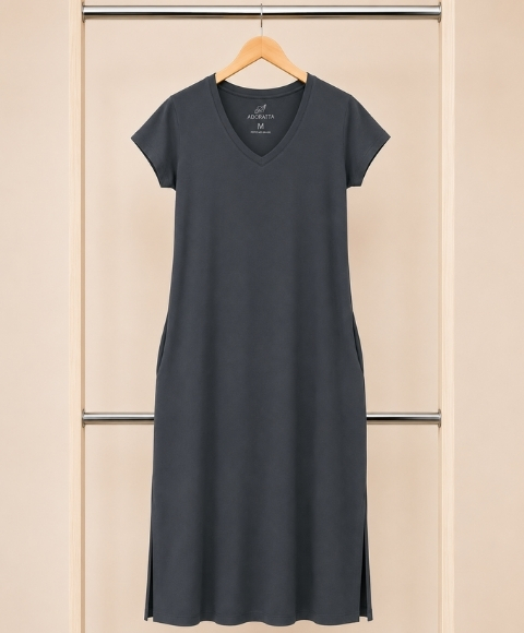 Vestido Gola V Cinza