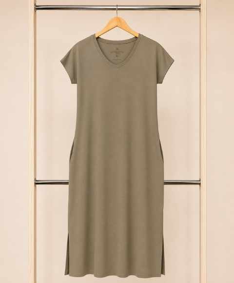 Vestido Gola V Amêndoa